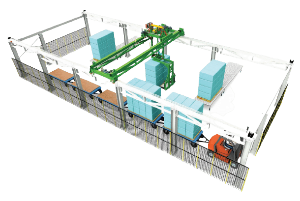 Logistique et fin de ligne pour panneaux isolants 7 Vue 3D d’un système de chargement de trains de palettes