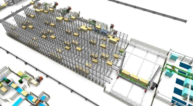 Vue 3D d’un stockage automatisé de panneaux isolants en rayonnages