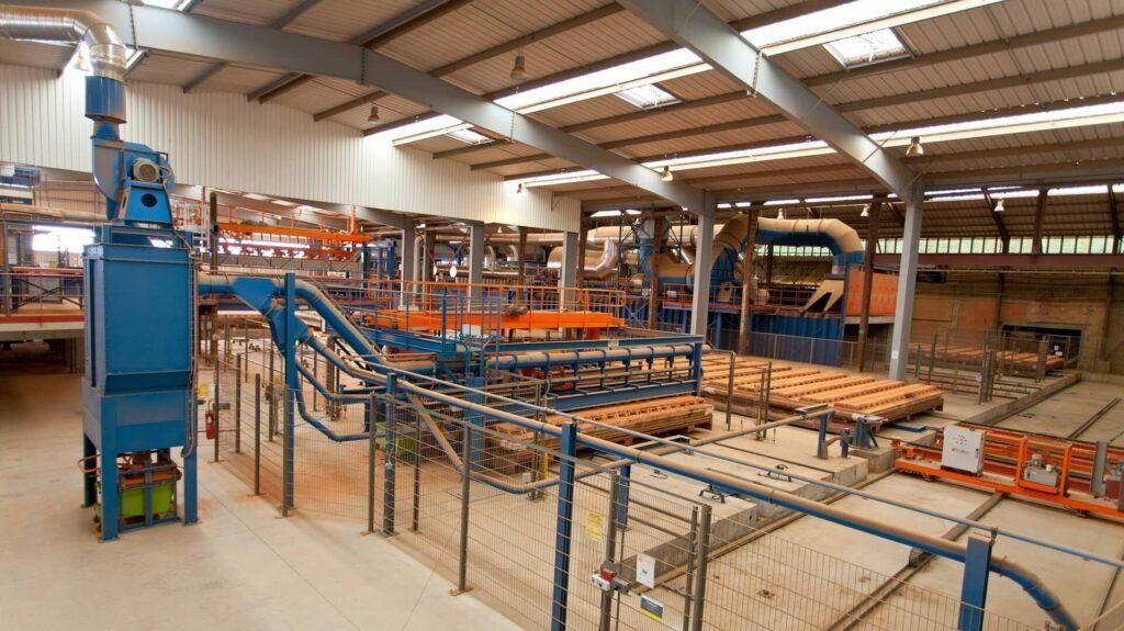 Overview of a brick handling line inside a factory