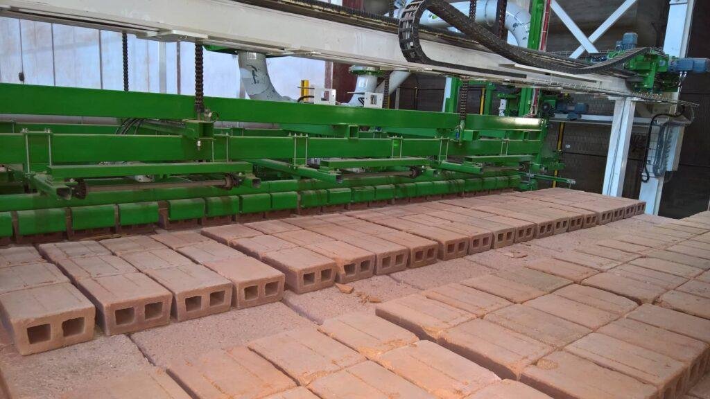 Clay bricks on an automated conveyor line
