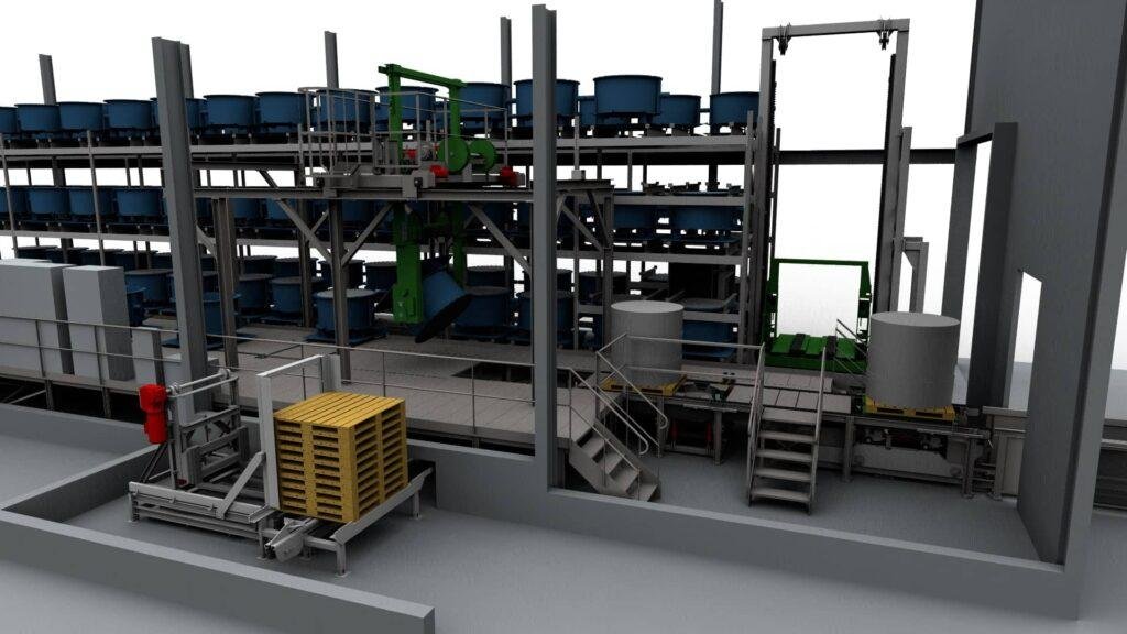 Simulation 3D d’une ligne carrousel de production d’éléments en béton
