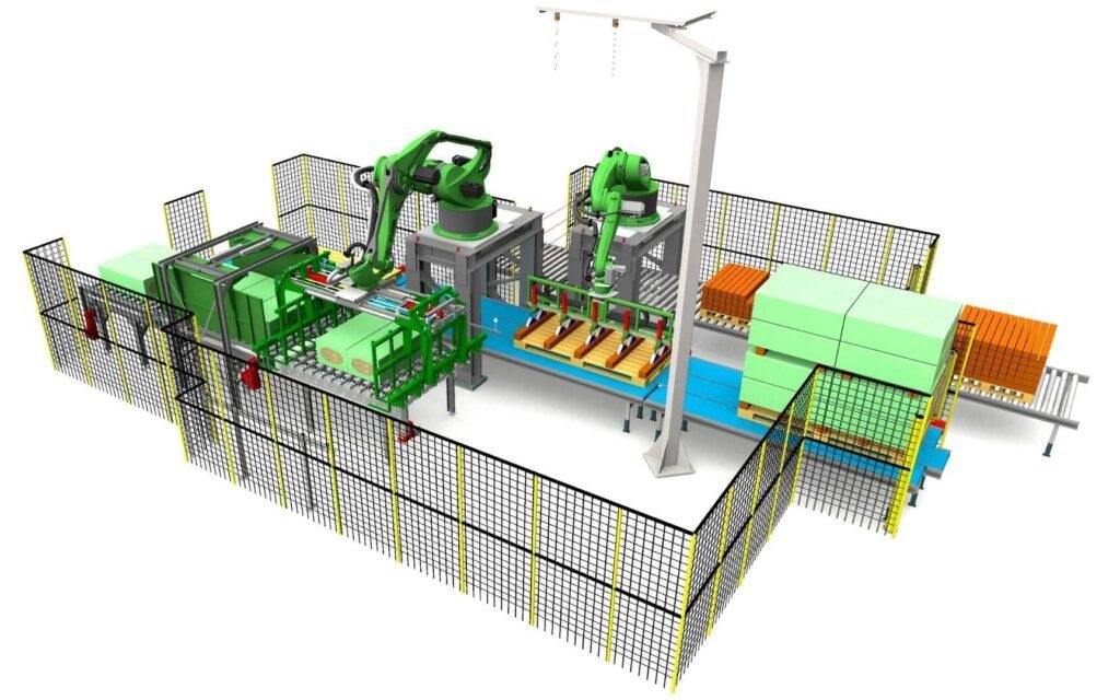 Vue 3D d’une cellule robotisée de manutention et de palettisation
