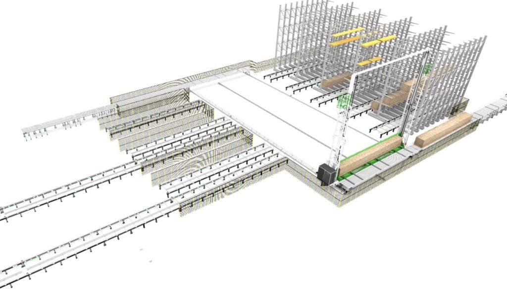 Vue 3D d’une ligne de panneaux isolants avec stockage automatisé