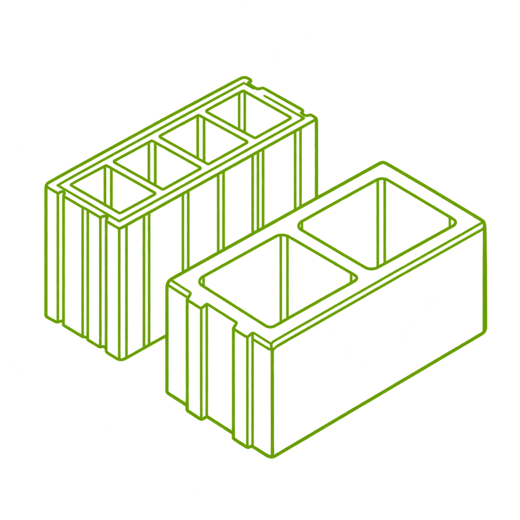 Illustration au trait vert d’une brique de terre cuite et d’un parpaing en béton en perspective