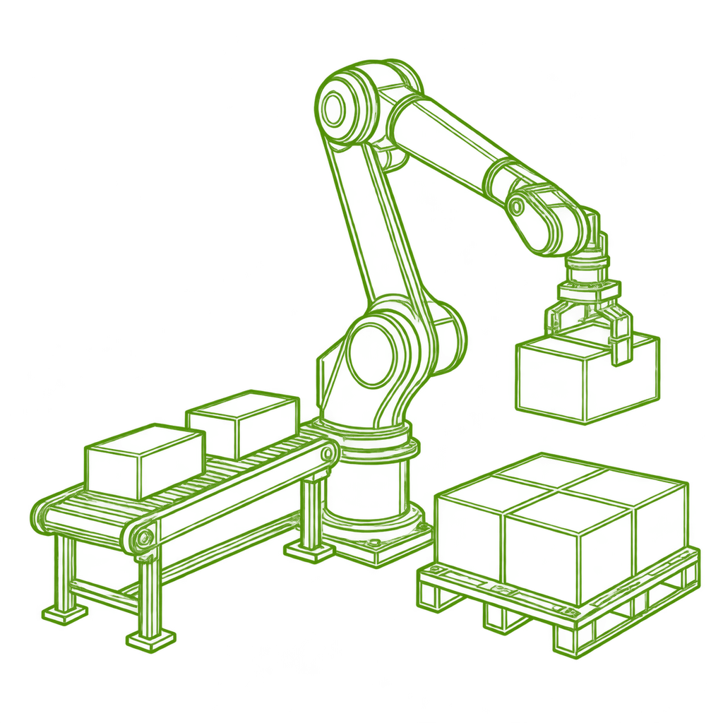 Illustration au trait vert d’un robot industriel de palettisation