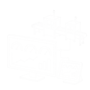 Illustration au trait blanc d’écrans de supervision reliés à une ligne de production