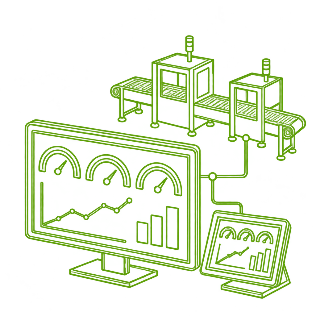 Illustration au trait vert d’écrans de supervision reliés à une ligne de production