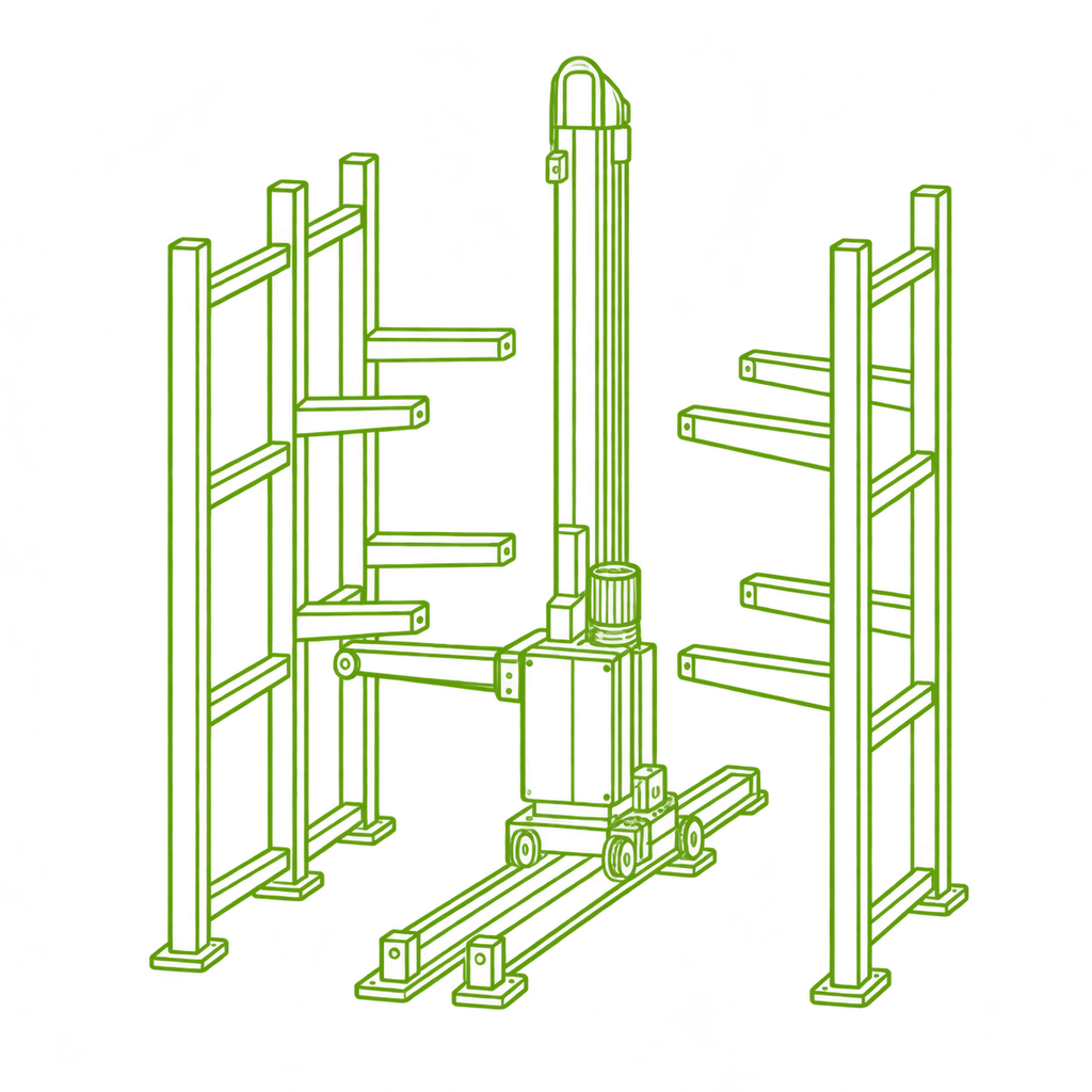 Illustration au trait vert d’un transstockeur entre deux rangées de stockage