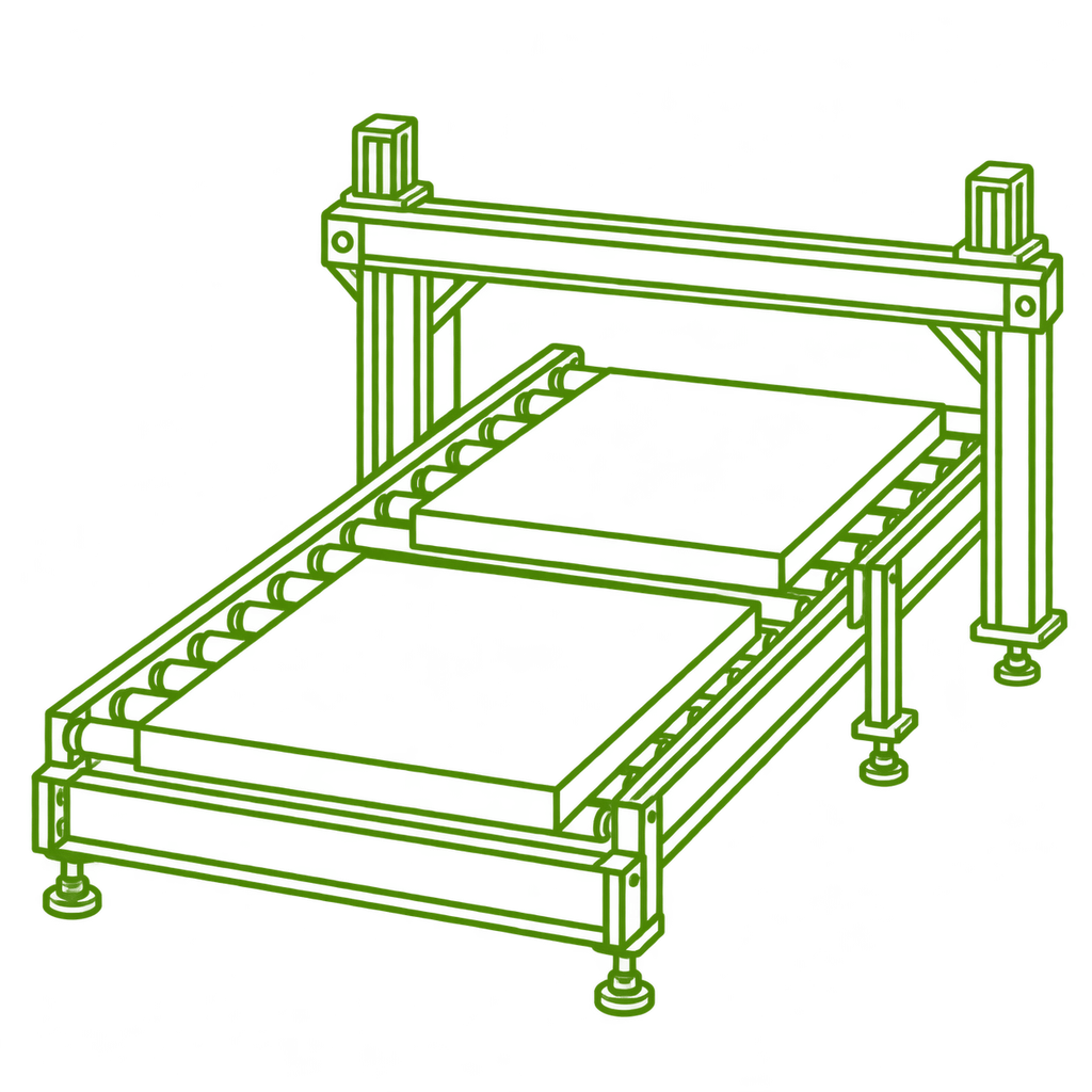 Illustration au trait vert de deux matelas de laine minérale posés sur un convoyeur à rouleaux