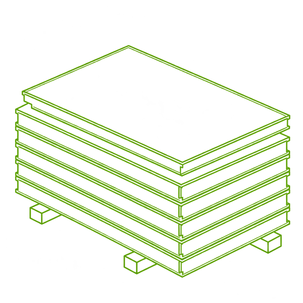 Illustration au trait vert d’une pile de plaques et de panneaux vue en perspective