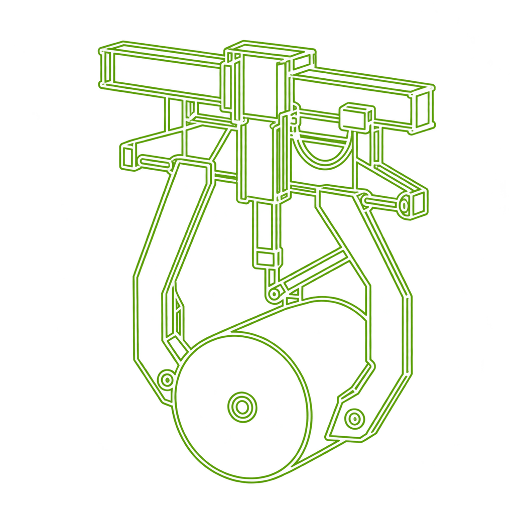 Illustration au trait vert d’une machine de manutention saisissant une charge cylindrique